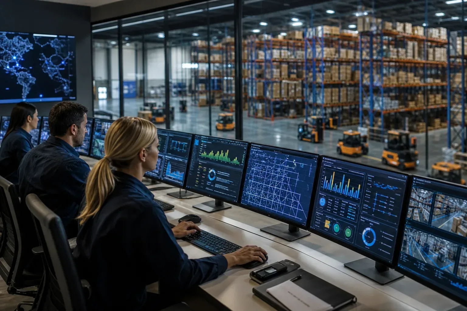 Logistics control room with optimized warehouse routing dashboards