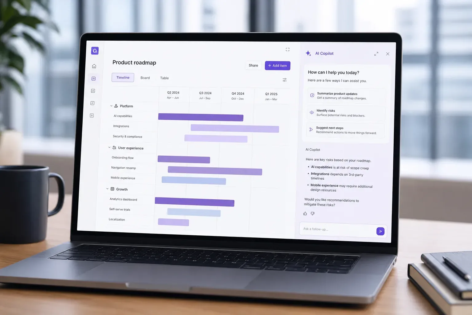 Enterprise AI copilot assisting teams inside a modern SaaS workspace